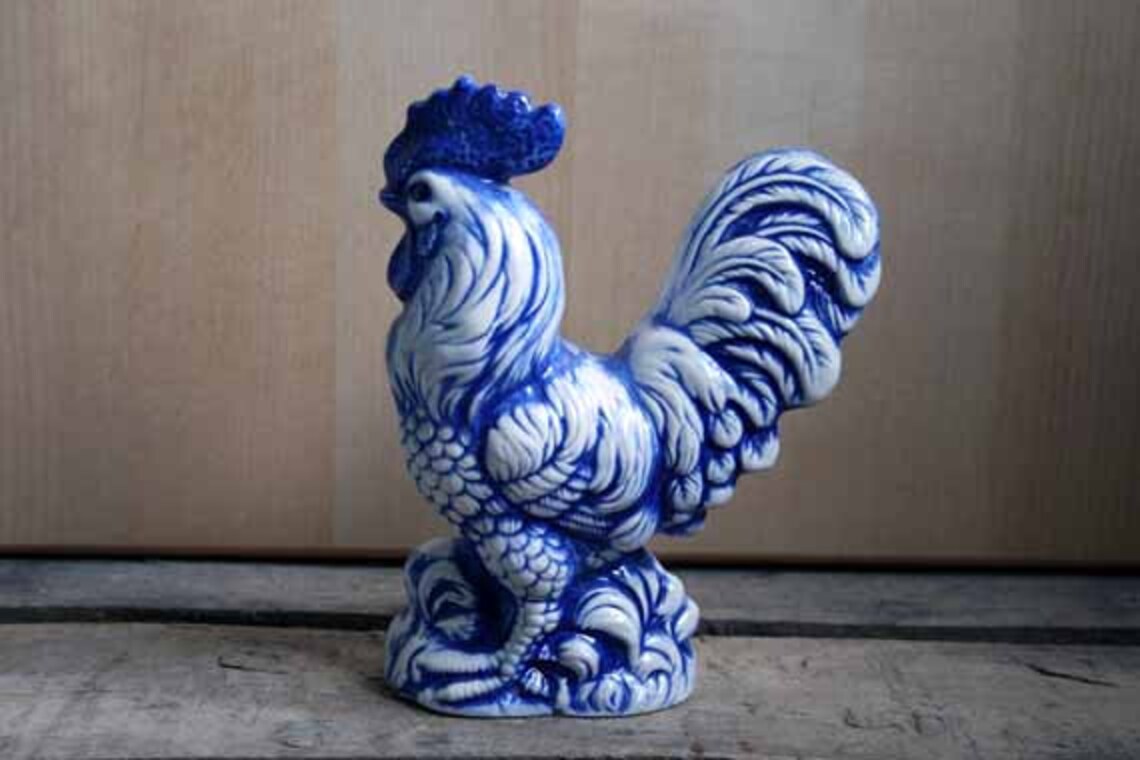 Blue Ceramic Rooster Figurine Blue and White Country Kitchen Etsy