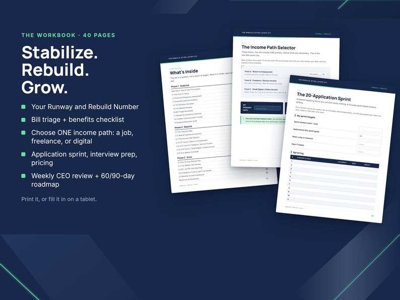 May include: A 40-page workbook titled Stabilize. Rebuild. Grow. featuring a dark blue background with white text. The workbook includes sections for income path selection, a 20-application sprint, and a weekly CEO review roadmap.