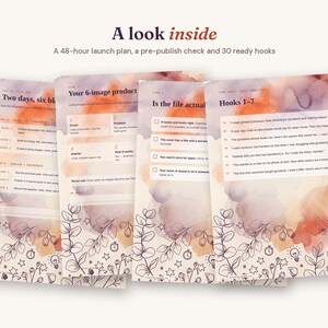 May include: Four pages of a digital workbook titled A look inside, featuring a 48-hour launch plan, pre-publish check, and 30 ready hooks. The pages have a watercolor background in orange and purple tones with black line art of leaves and stars.