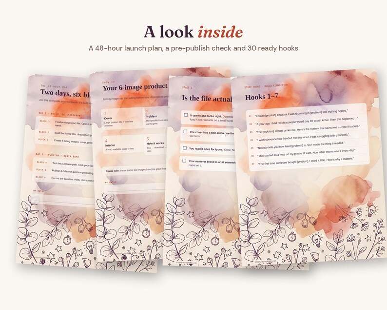 May include: Four pages of a digital workbook titled A look inside, featuring a 48-hour launch plan, pre-publish check, and 30 ready hooks. The pages have a watercolor background in orange and purple tones with black line art of leaves and stars.