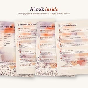 K&ouml;nnte beinhalten: Vier Seiten eines digitalen Leitfadens mit dem Titel A look inside, der 50 Copy-Paste-Prompts in 6 Phasen enth&auml;lt. Die Seiten haben einen cremefarbenen Hintergrund mit orangefarbenen und violetten Aquarellakzenten, schwarze Blumen-Strichzeichnungen und nummerierte Textlisten.