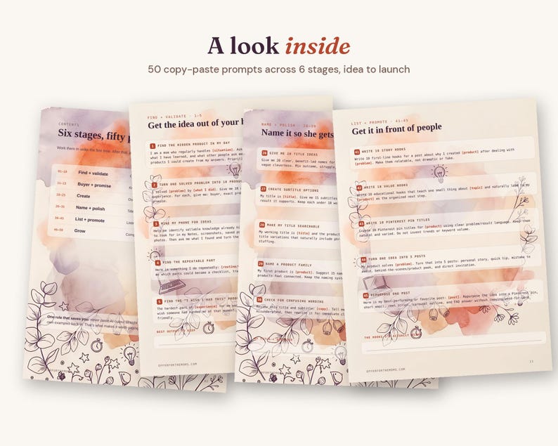 K&ouml;nnte beinhalten: Vier Seiten eines digitalen Leitfadens mit dem Titel A look inside, der 50 Copy-Paste-Prompts in 6 Phasen enth&auml;lt. Die Seiten haben einen cremefarbenen Hintergrund mit orangefarbenen und violetten Aquarellakzenten, schwarze Blumen-Strichzeichnungen und nummerierte Textlisten.