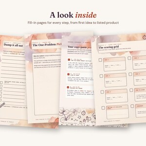 May include: A set of four printed workbook pages with a soft watercolor background in shades of peach and lavender. The pages feature headers like Dump it all out, The One-Problem Pick, and The scoring grid, with various fill-in sections and icons.