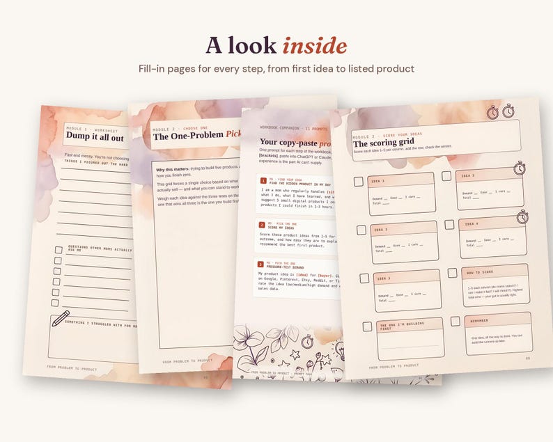 May include: A set of four printed workbook pages with a soft watercolor background in shades of peach and lavender. The pages feature headers like Dump it all out, The One-Problem Pick, and The scoring grid, with various fill-in sections and icons.