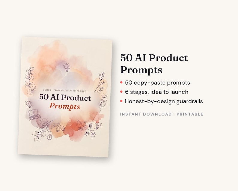 K&ouml;nnte beinhalten: Ein digitales Dokument mit dem Titel 50 AI Product Prompts und einem Aquarellhintergrund in Pfirsich- und Violettt&ouml;nen. Es zeigt Strichzeichnungen von Bl&auml;ttern, Gl&uuml;hbirnen und einem Laptop. Der Text listet 50 Prompts und 6 Phasen auf.
