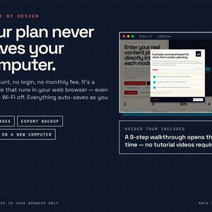 May include: A dark blue digital interface graphic with white text reading Private by Design, Your plan never leaves your computer, and No account, no login, no monthly fee. It features a browser window screenshot and a 9-step guided tour description.
