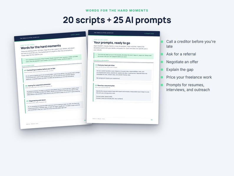 May include: Two white pages titled Words for the Hard Moments featuring 20 scripts and 25 AI prompts. The text includes instructions for contacting creditors, asking for referrals, negotiating offers, explaining gaps, and pricing freelance work.