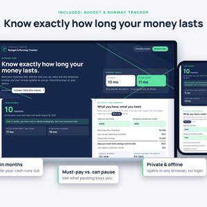 May include: A digital budget and runway tracker interface displayed on a laptop and smartphone screen. The dark-themed dashboard features text including "Know exactly how long your money lasts," "Runway in months," and "Must-pay vs. can pause."
