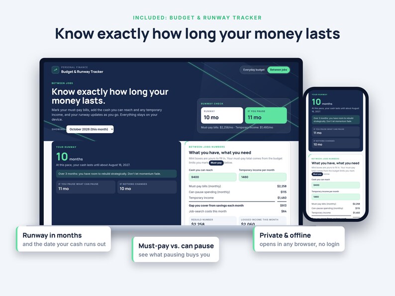 May include: A digital budget and runway tracker interface displayed on a laptop and smartphone screen. The dark-themed dashboard features text including "Know exactly how long your money lasts," "Runway in months," and "Must-pay vs. can pause."