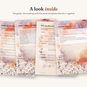 May include: A set of four informational documents titled A look inside, featuring watercolor-style backgrounds in shades of peach, purple, and cream. The pages contain text modules, lists, and email templates, decorated with black line art of leaves and flowers.