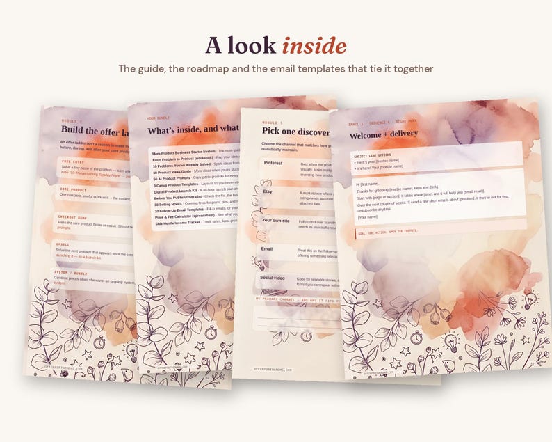 May include: A set of four informational documents titled A look inside, featuring watercolor-style backgrounds in shades of peach, purple, and cream. The pages contain text modules, lists, and email templates, decorated with black line art of leaves and flowers.