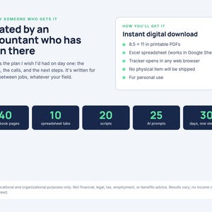 May include: A digital career transition kit featuring 40 workbook pages, 10 spreadsheet tabs, 20 scripts, 25 AI prompts, and a 30-day plan. The text includes 'Created by an accountant who has been there' and 'Instant digital download' for 8.5 x 11 inch PDFs.