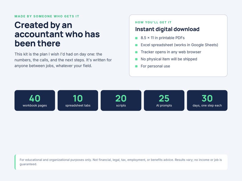 May include: A digital career transition kit featuring 40 workbook pages, 10 spreadsheet tabs, 20 scripts, 25 AI prompts, and a 30-day plan. The text includes 'Created by an accountant who has been there' and 'Instant digital download' for 8.5 x 11 inch PDFs.