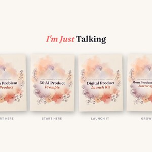 May include: Four rectangular workbooks with cream covers featuring watercolor splashes in peach and purple. Titles include From Problem to Product, 50 AI Product Prompts, Digital Product Launch Kit, and Mom Product Business Starter System.