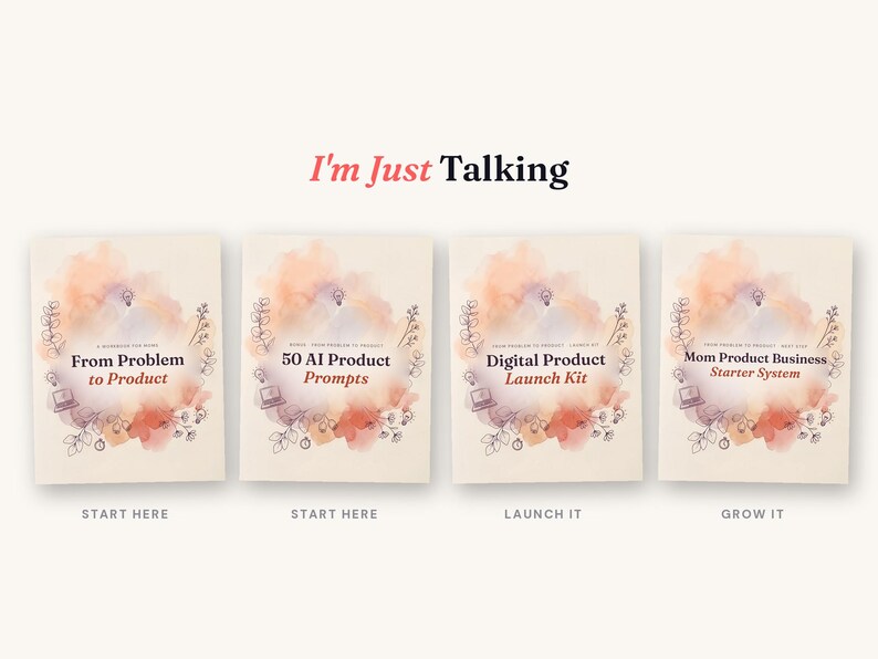 May include: Four rectangular workbooks with cream covers featuring watercolor splashes in peach and purple. Titles include From Problem to Product, 50 AI Product Prompts, Digital Product Launch Kit, and Mom Product Business Starter System.