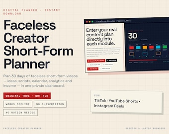 Faceless Content Planner, Offline Short Form Video Dashboard with 30 Day Plan