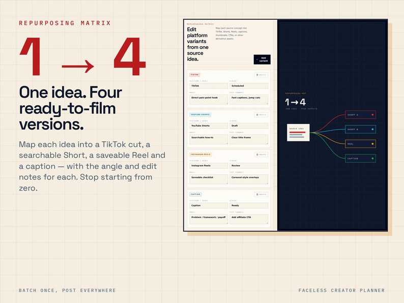 May include: A digital repurposing matrix infographic titled 1 to 4 One idea. Four ready-to-film versions. It features a table outlining content strategies for TikTok, YouTube Shorts, Instagram Reels, and captions, alongside a diagram showing one source idea branching into four distinct output formats.