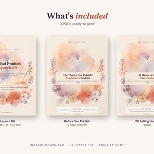 May include: Three digital document pages with watercolor backgrounds in peach and purple hues. The pages feature line art of leaves, lightbulbs, and laptops. Text includes "Digital Product Launch Kit," "The Before You Publish Confidence Checklist," and "30 Hooks to Sell Your Product."