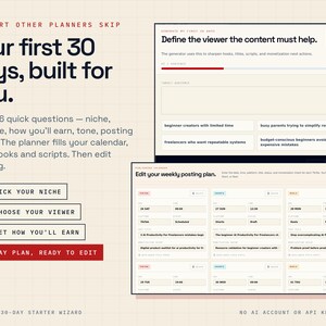 May include: A digital planner interface featuring a 30-day content strategy wizard. The screen displays text prompts like 'Define the viewer the content must help' and 'Edit your weekly posting plan' with input fields for niche, audience, and earnings.