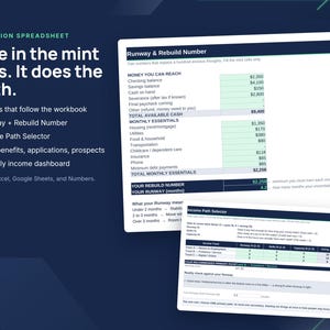 May include: A digital companion spreadsheet workbook featuring a Runway and Rebuild Number calculator and an Income Path Selector. The interface includes tables for tracking money, monthly essentials, and income paths, compatible with Excel, Google Sheets, and Numbers software.