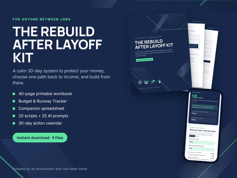 May include: A digital kit titled The Rebuild After Layoff Kit, featuring a 40-page printable workbook, budget and runway tracker, companion spreadsheet, 20 scripts, 25 AI prompts, and a 30-day action calendar, displayed with a smartphone interface.