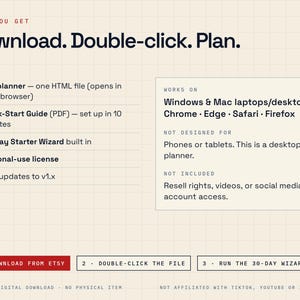 May include: A digital planner information graphic on a grid background. Text reads: Download. Double-click. Plan. It lists features including an HTML file, a PDF guide, a 30-day starter wizard, a personal-use license, and free updates to v1.x.
