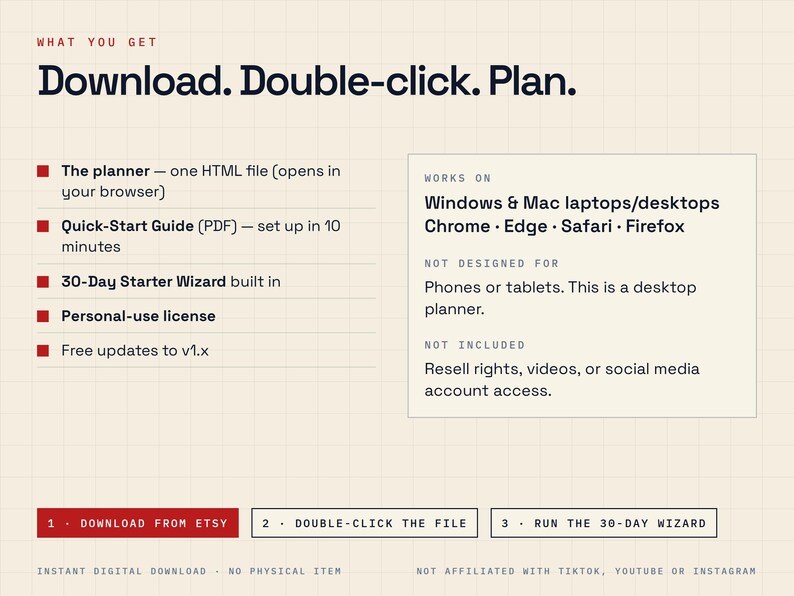 May include: A digital planner information graphic on a grid background. Text reads: Download. Double-click. Plan. It lists features including an HTML file, a PDF guide, a 30-day starter wizard, a personal-use license, and free updates to v1.x.