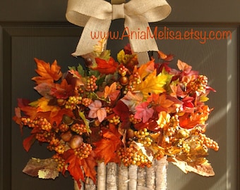 Fall wreath Fall wreaths for front door wreaths fall berry wreaths Autumn decorations Thanksgiving wreaths birch bark vase Halloween wreaths