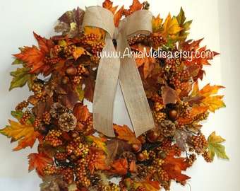 Fall Door Wreath with Berries, Leaves, Pinecones (22-23 inches)