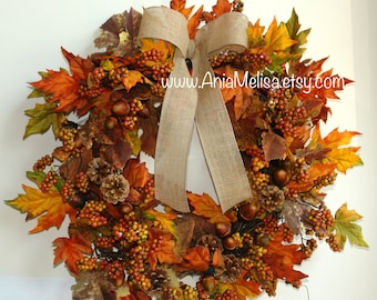 Fall wreath, Thanksgiving wreaths for front door wreaths, Autumn orange brown berry wreaths outdoor