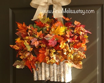 Fall Door Wreath: Faux Orange Leaves, Berries, Birch Bark Container