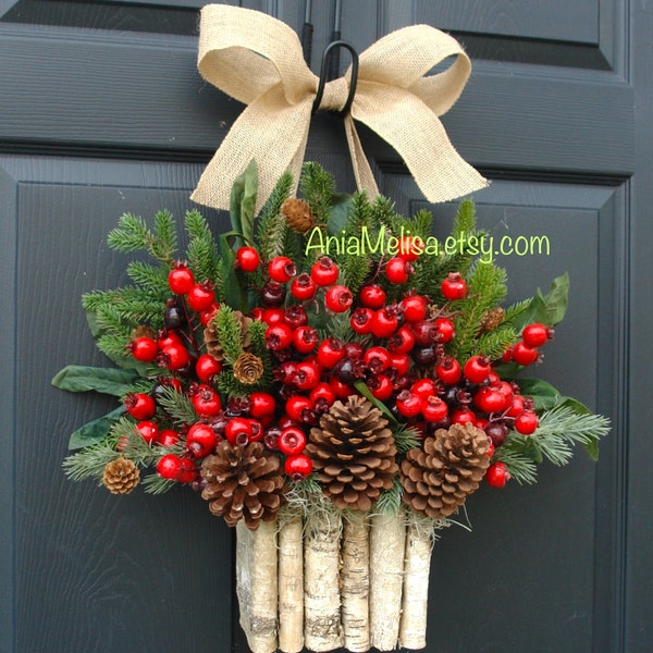 Winter wreath, Christmas wreaths for front door, Christmas wreath, red winter berry berries wreaths front door decor birch bark decor