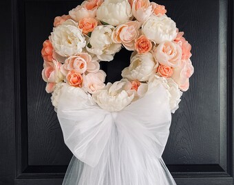 Peach White Wedding Bow Wreath for front door wreaths Weddings Anniversary outdoors garden decorations country french