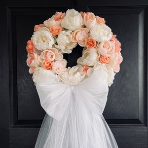 Peach White Wedding Bow Wreath for front door wreaths Weddings Anniversary outdoors garden decorations country french