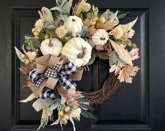 Neutral White Pumpkin Fall wreaths for front door wreath decorations, All Year Round wreath, 4 Seasons