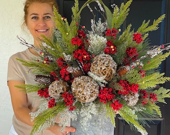 Rustic Woodland Christmas Wreath Birch Container Frosted Berries Moss Green Holiday Decor