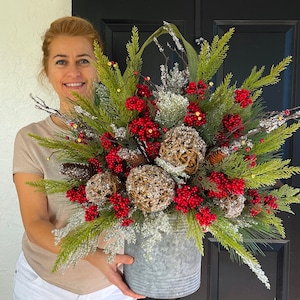 Rustic Christmas Wreath: Faux Greenery, Red Berries, Metal Container