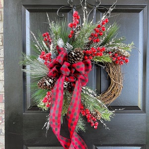 Frosted Christmas Wreath: Buffalo Check Bow, Rustic Winter Modern Decor