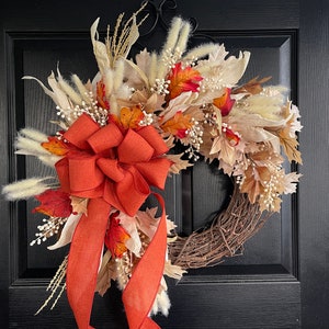 Farmhouse FALL door wreaths for front door wreath decor, Autumn door hanger, neutral All Year Round wreath, 4 Seasons Buffalo check