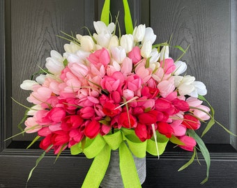Mother's Day gift wreaths for front door wreath decorations, red pink tulip arrangement