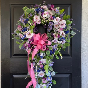 Spring Cascade wreath Mother's Day wreaths pansy, front door wreath decorations, blue, purple, pink spring wreath