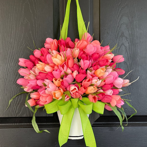 Spring wreath Mother's Day gift wreaths for front door tulips ombre Summer basket
