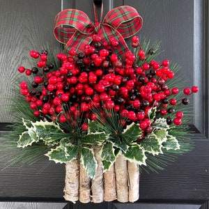 CHRISTMAS WREATHS, Christmas Wreath for front door, red holly berry with bow, Winter wreath, rustic Christmas wreath