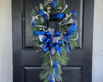 Blue Silver Hanukkah , Cascading Wreaths for front door Winter wreath with tail