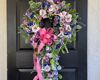 Spring Cascade wreath Mother's Day wreaths pansy, front door wreath decorations, blue, purple, pink spring wreath