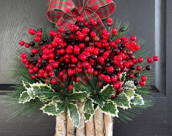 CHRISTMAS WREATHS, Christmas Wreath for front door, red holly berry with bow, Winter wreath, rustic Christmas wreath