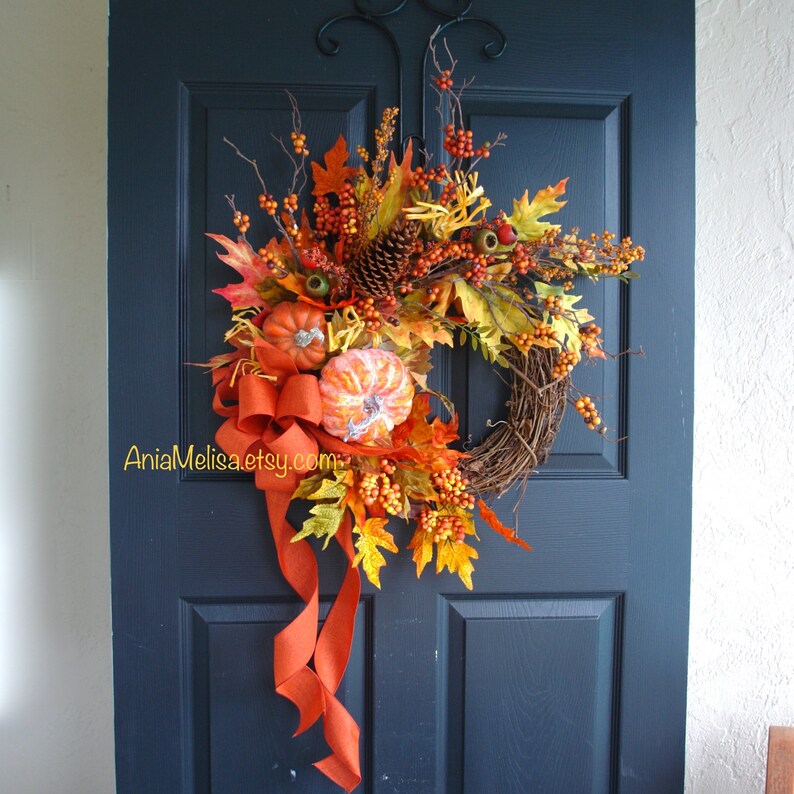 Fall Wreath Wreaths Autumn Front Door Orange Brown Berry For Thanksgiving Outdoor