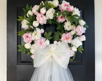 22'' White Pink Wedding Shower Bow Wreath for front door wreaths Wedding Anniversary outdoors garden decorations