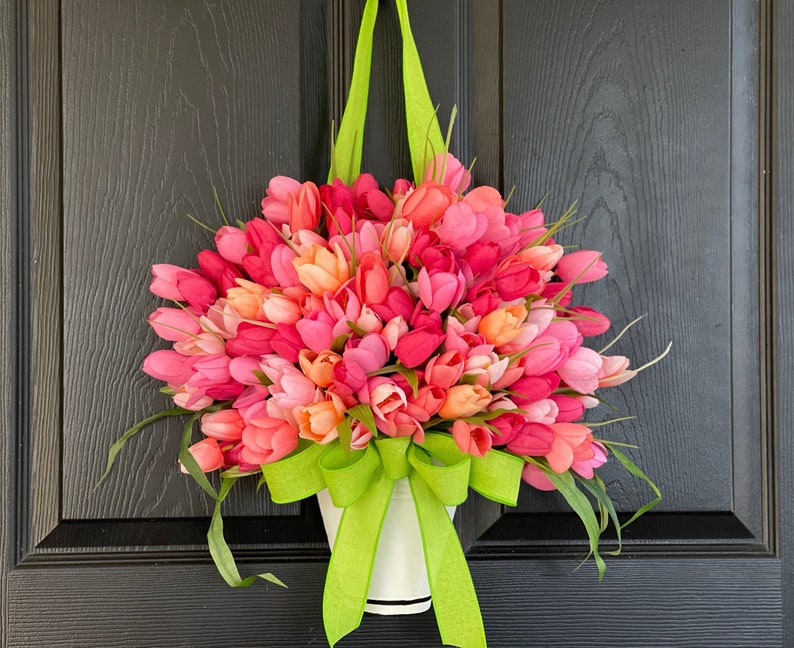 Spring wreath Mother's Day gift wreaths for front door tulips ombre Summer basket image 1