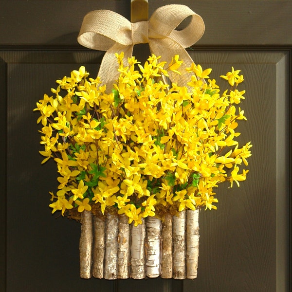 spring wreath forsythia wreaths birch bark vases DIY wreath burlap bow Easter wreaths DIY wreaths